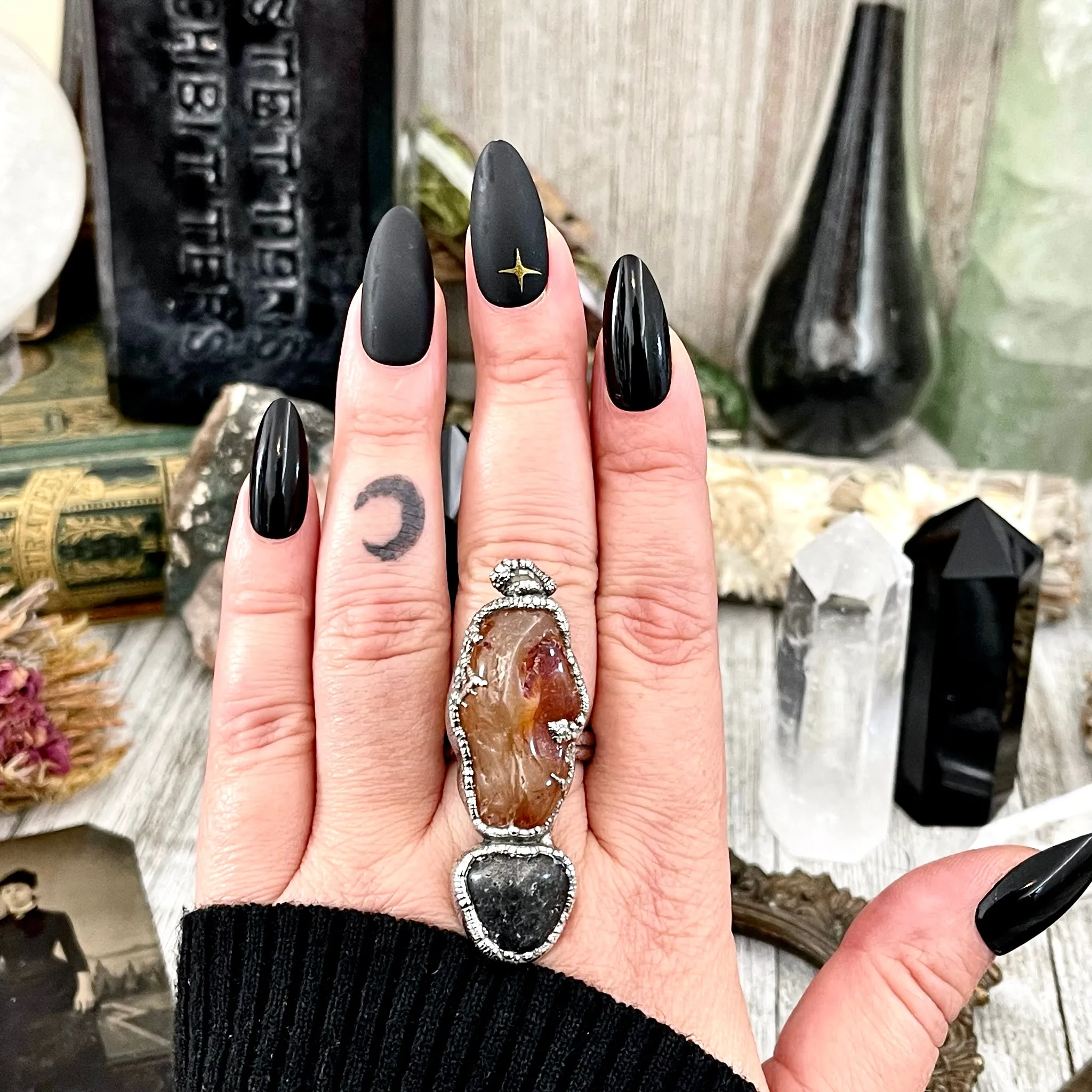 Size 8.5 Big Crystal Ring - Three Stone Red Carnelian Herkimer Black Onyx Silver Ring / Foxlark Collection - One of a Kind Jewelry