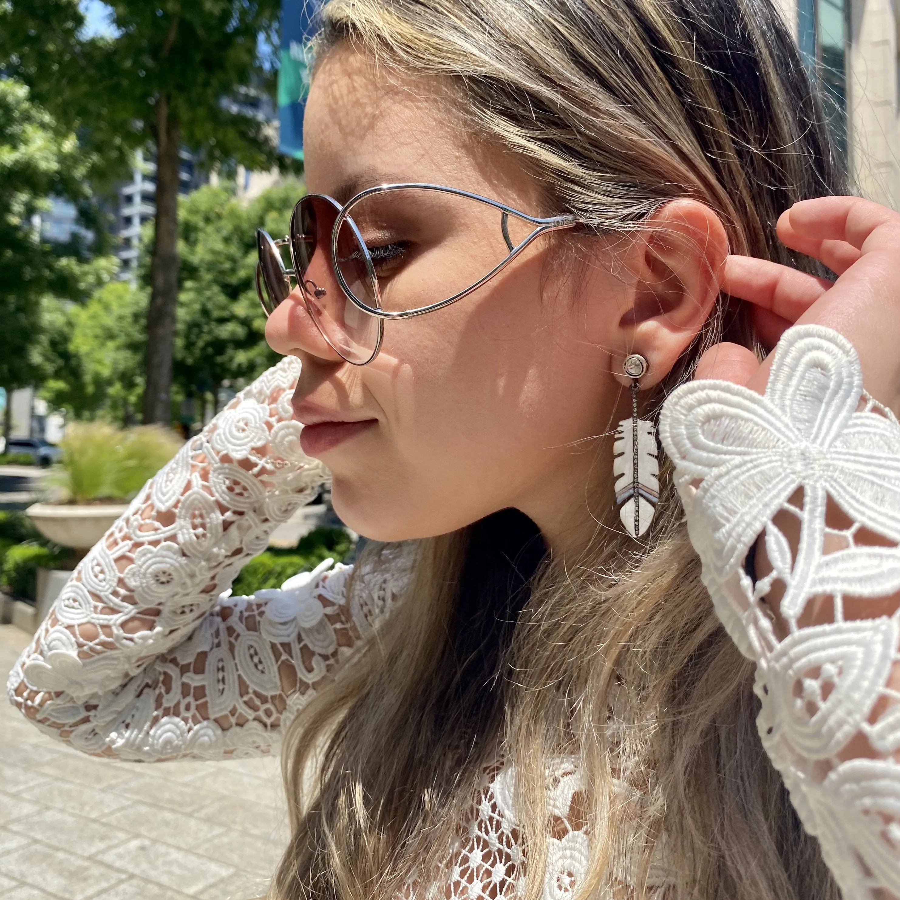 Sliced Diamond Enamel Feather Earrings