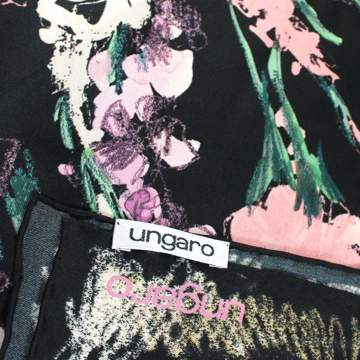 Ungaro Scarf Black Pink Green Abstract Floral - Twill Silk Square Foulard SALE