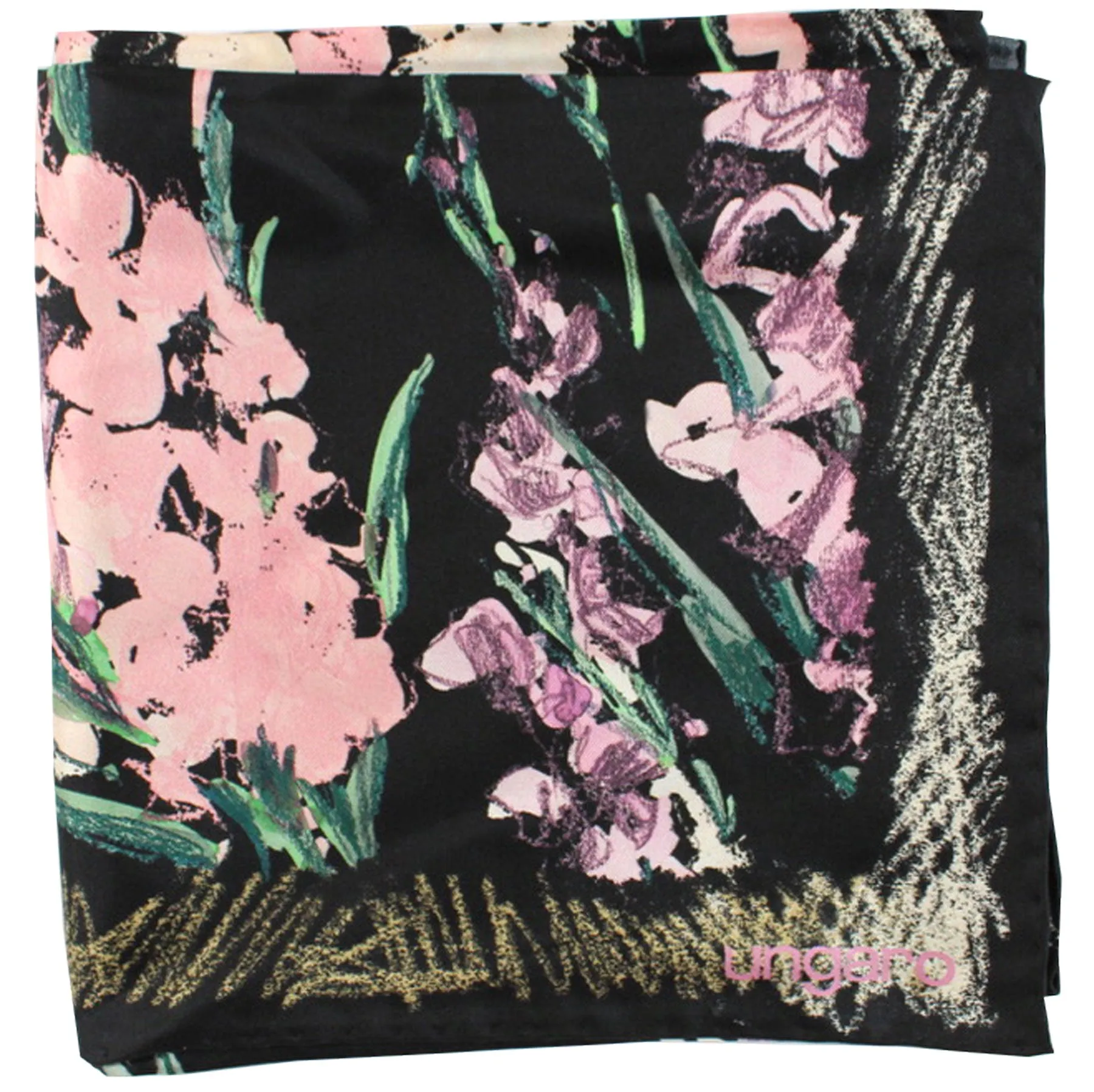 Ungaro Scarf Black Pink Green Abstract Floral - Twill Silk Square Foulard SALE