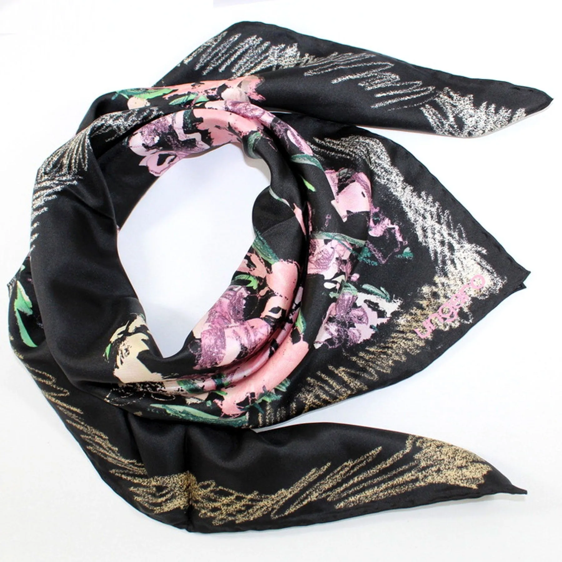 Ungaro Scarf Black Pink Green Abstract Floral - Twill Silk Square Foulard SALE