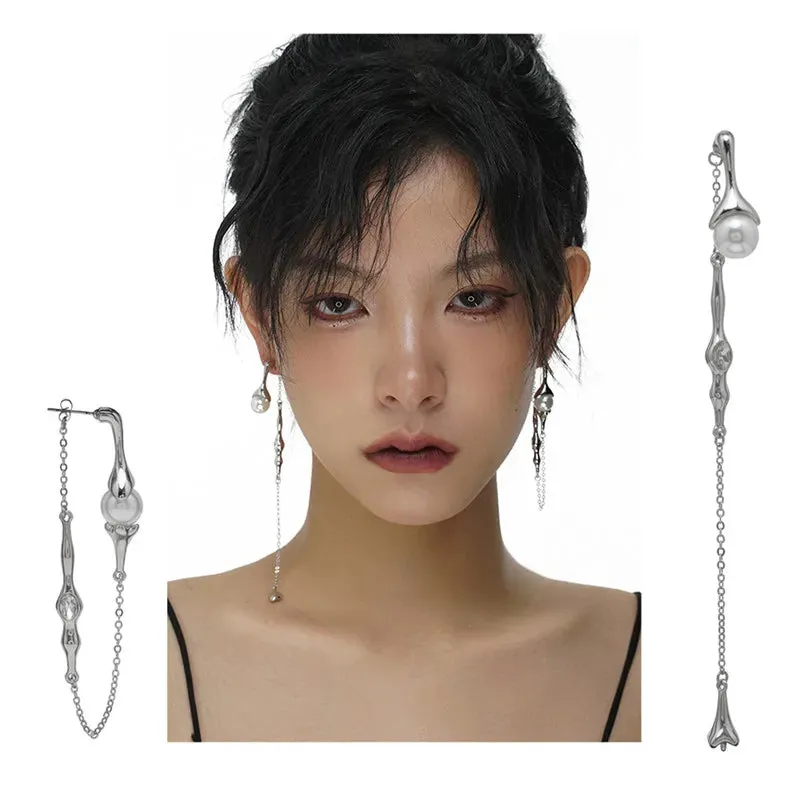 VAIGE Punk Long Tassel Simulated Pearl Drop Earrings with Irregular Geometric Design - Fashion Jewelry Gift