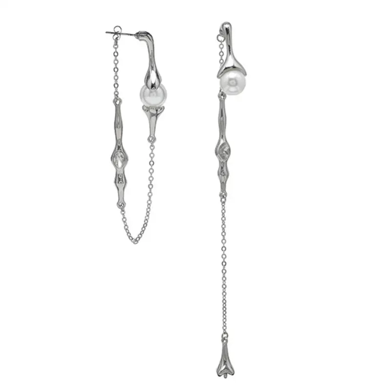 VAIGE Punk Long Tassel Simulated Pearl Drop Earrings with Irregular Geometric Design - Fashion Jewelry Gift