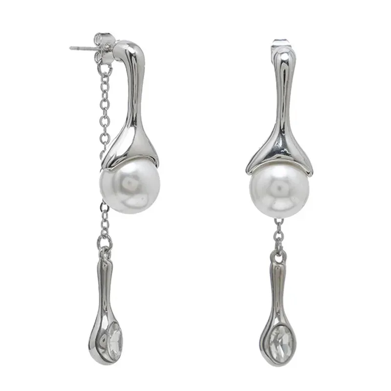 VAIGE Punk Long Tassel Simulated Pearl Drop Earrings with Irregular Geometric Design - Fashion Jewelry Gift