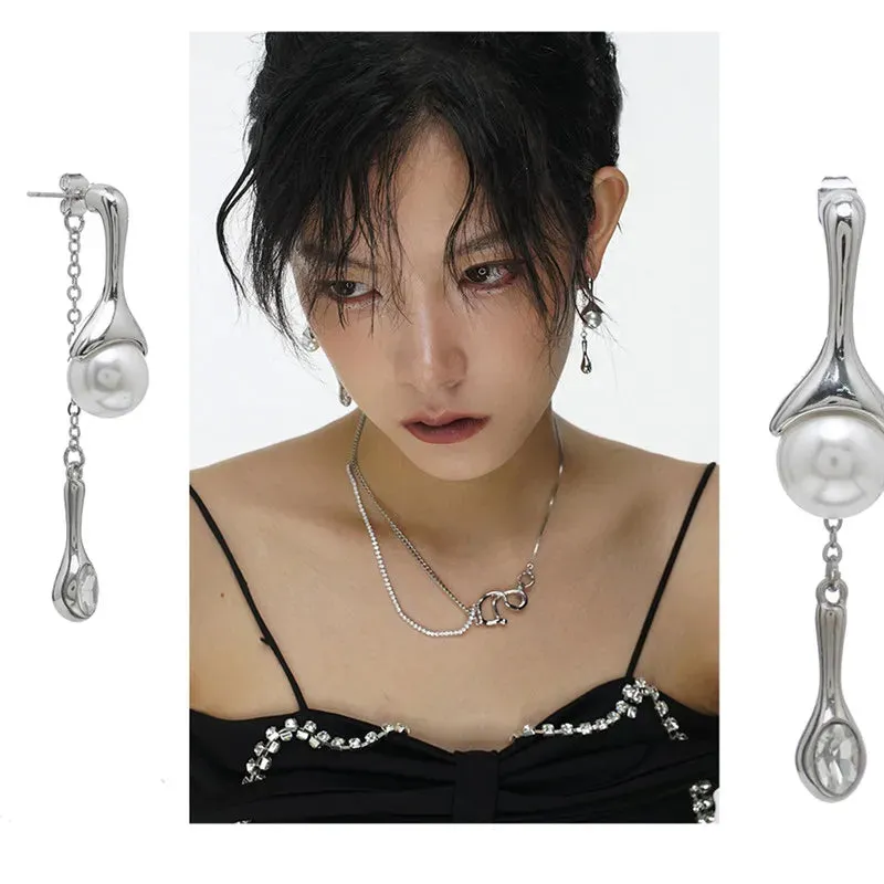 VAIGE Punk Long Tassel Simulated Pearl Drop Earrings with Irregular Geometric Design - Fashion Jewelry Gift