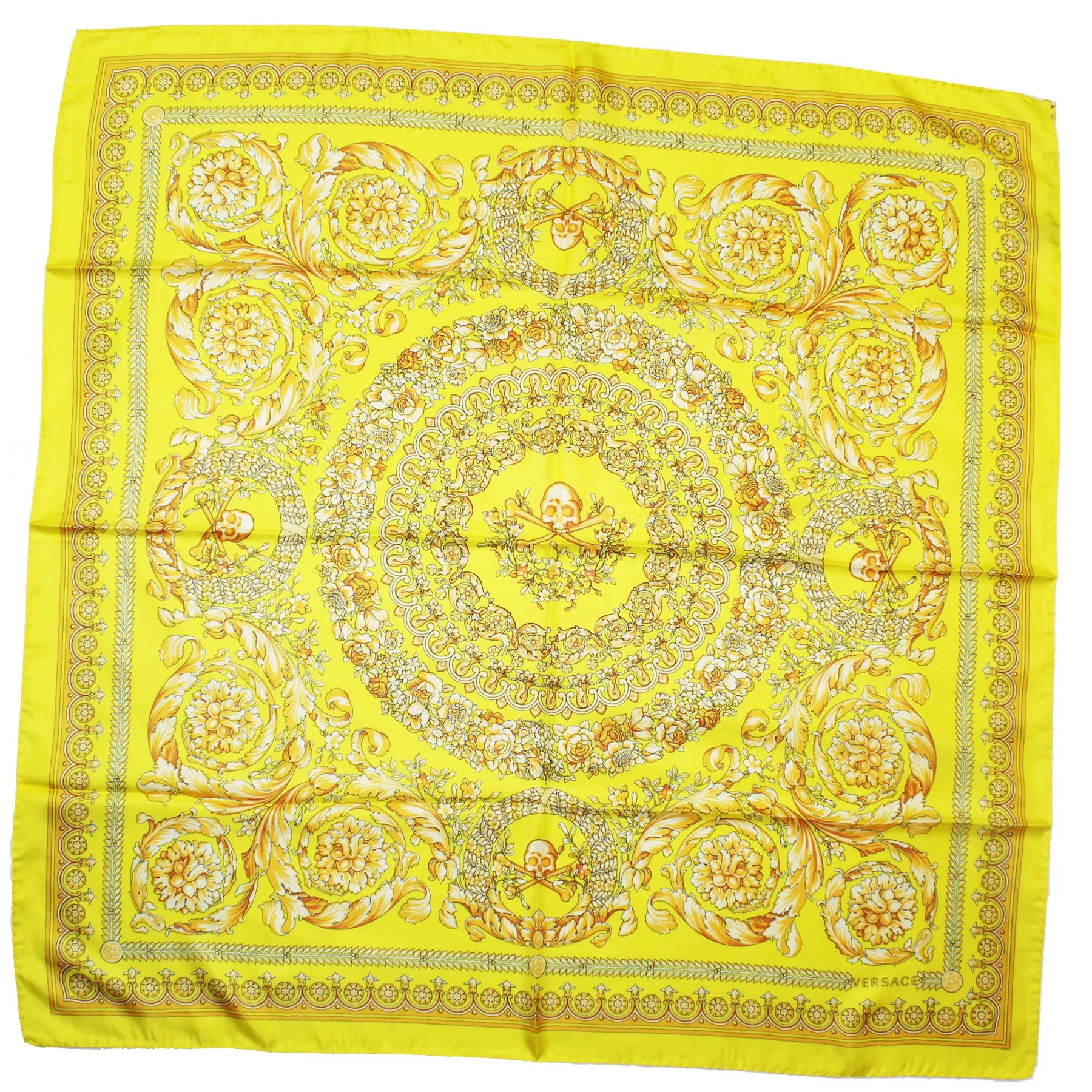 Versace Silk Scarf Yellow Signature Baroque & Skull - Large 36 Inch Square Scarf