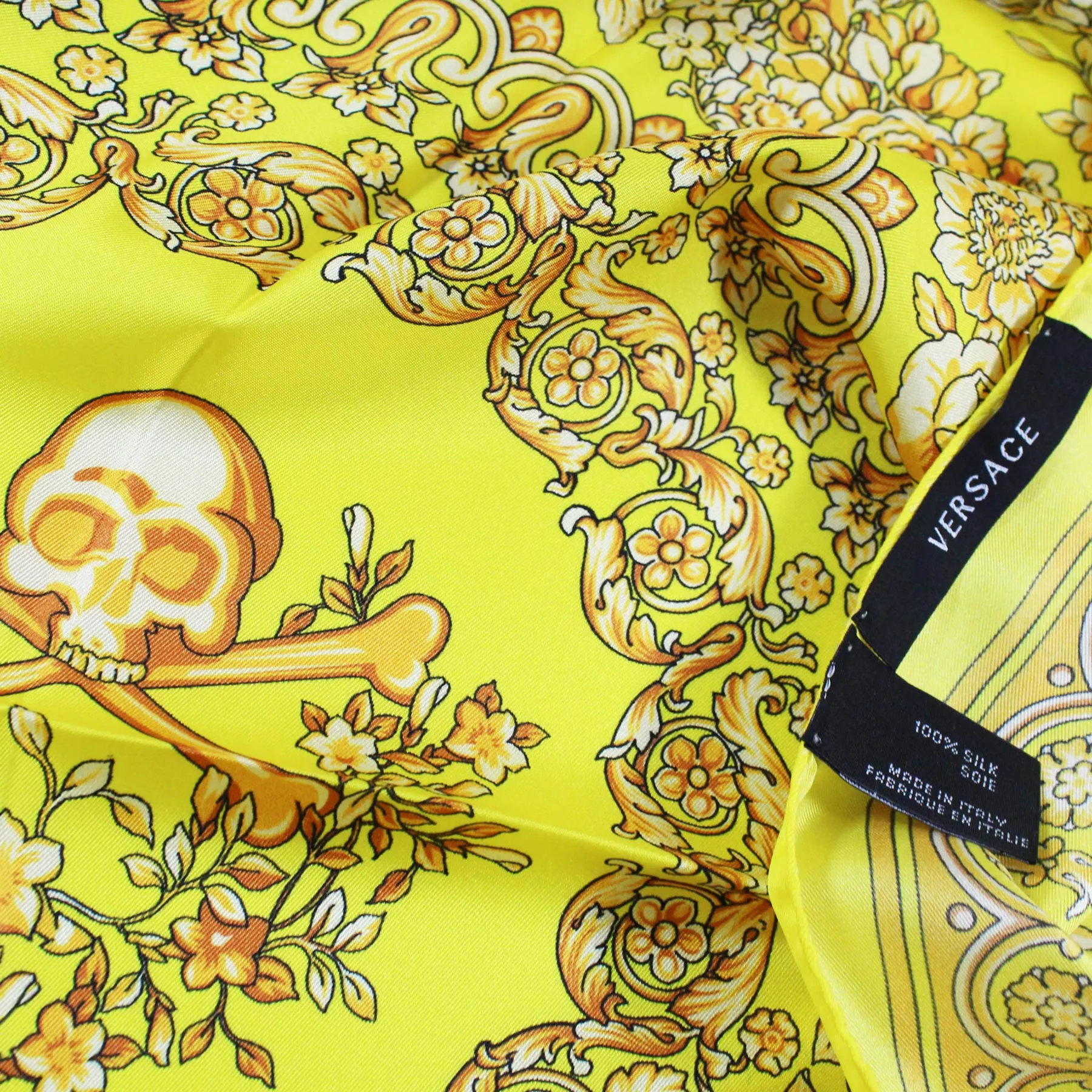 Versace Silk Scarf Yellow Signature Baroque & Skull - Large 36 Inch Square Scarf