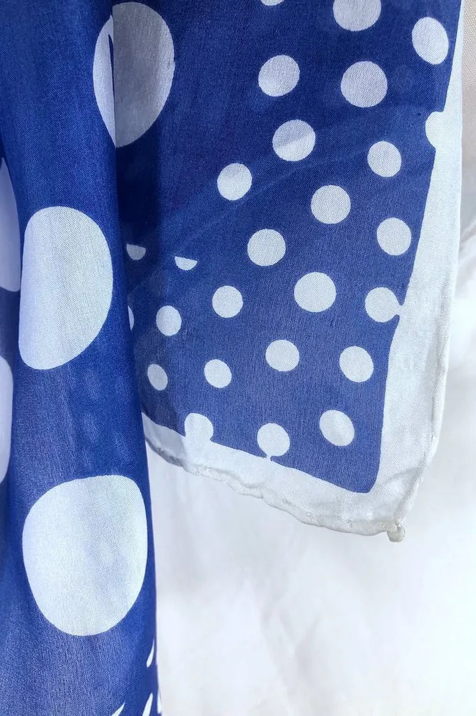 Vintage 1970s Blue and White Polka Dot Print Scarf