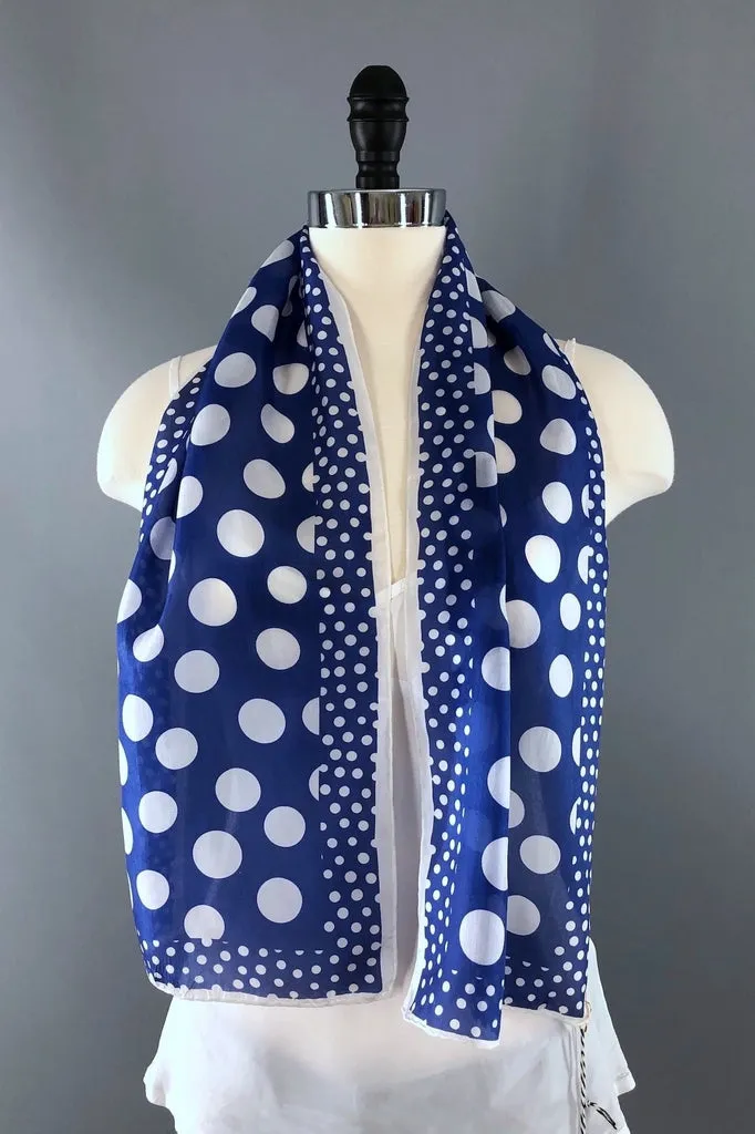 Vintage 1970s Blue and White Polka Dot Print Scarf