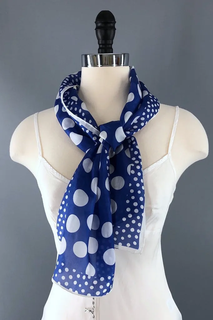 Vintage 1970s Blue and White Polka Dot Print Scarf