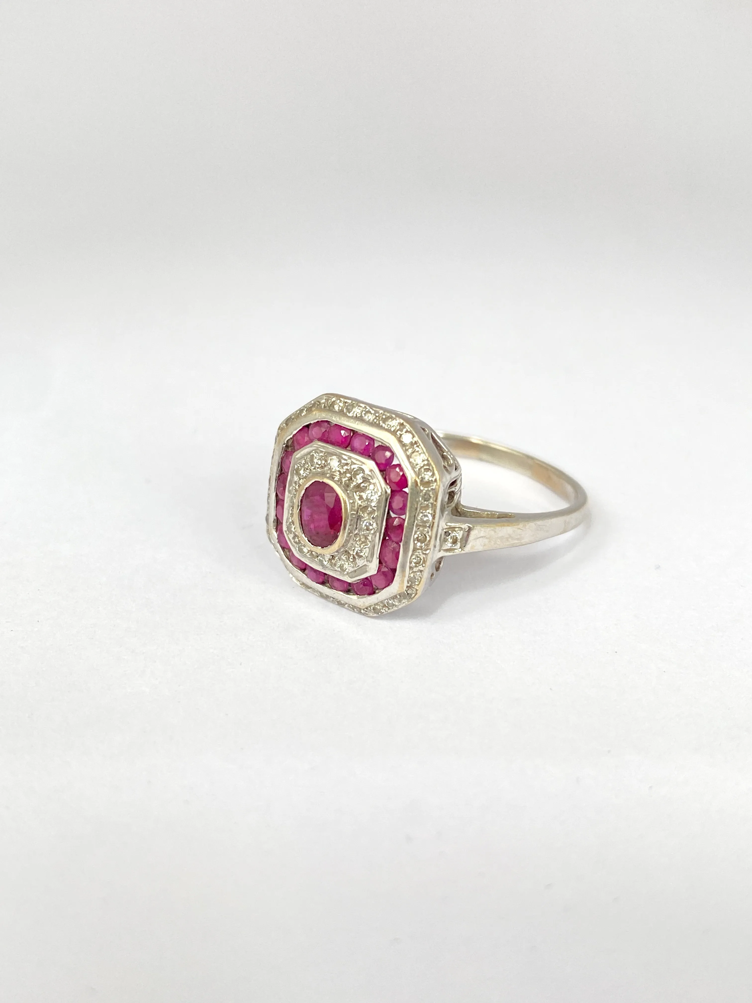 Vintage, Art Deco style, Ruby and Diamond Cluster Ring, Hallmarked 18ct Gold, London, 2003