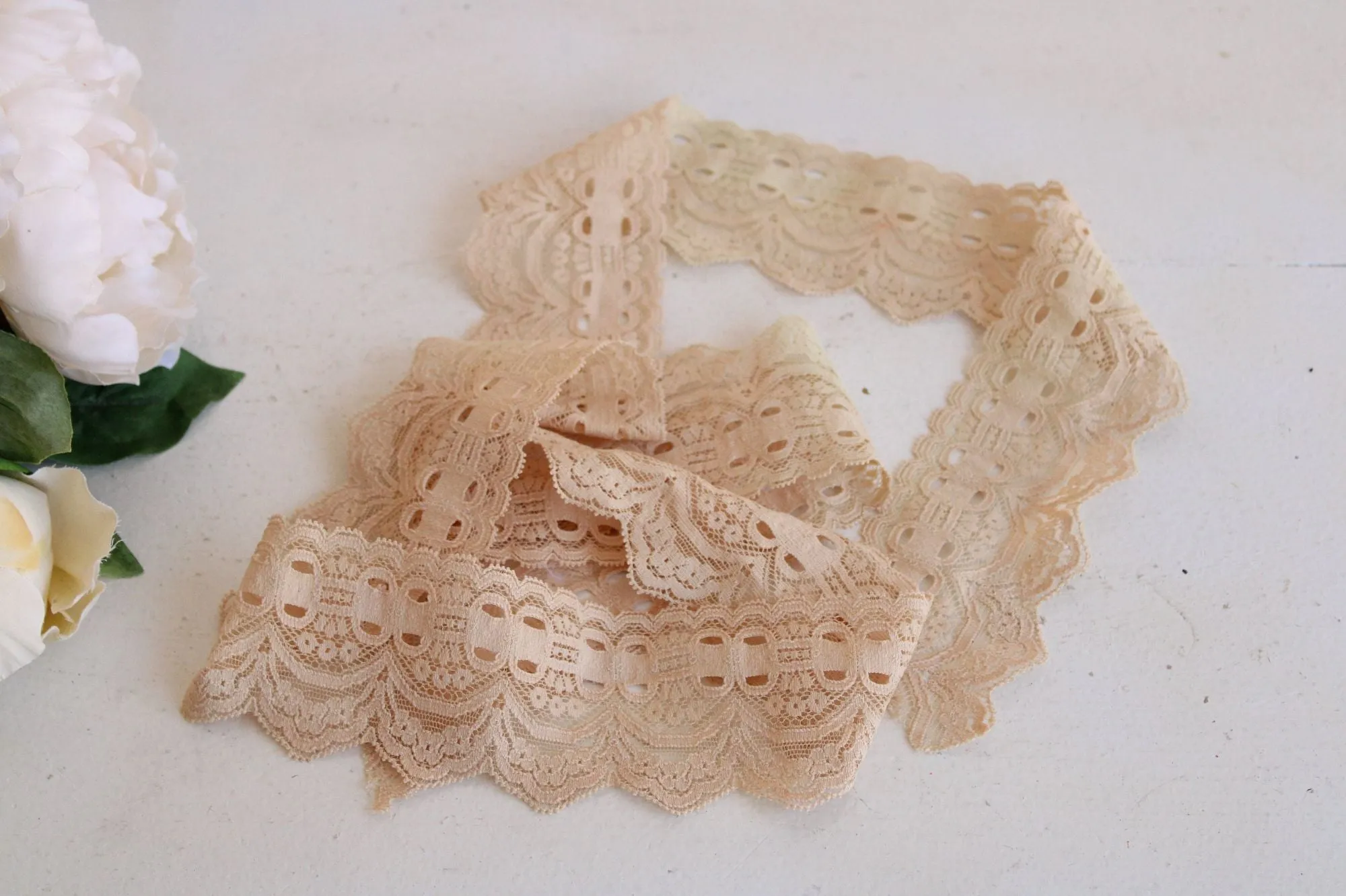 Vintage Beige Stretch Lace Trim, 1 yard plus 16 inches,  2 and 1/2" wide