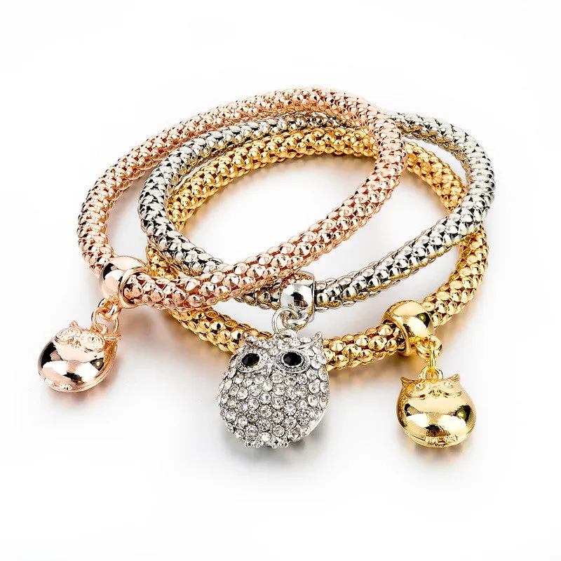 Vintage Pendant Crystal Bracelet Fashion Women Bracelets Bangles 3 Pcs Multilayer Charm Gold Bracelet Silver Chain