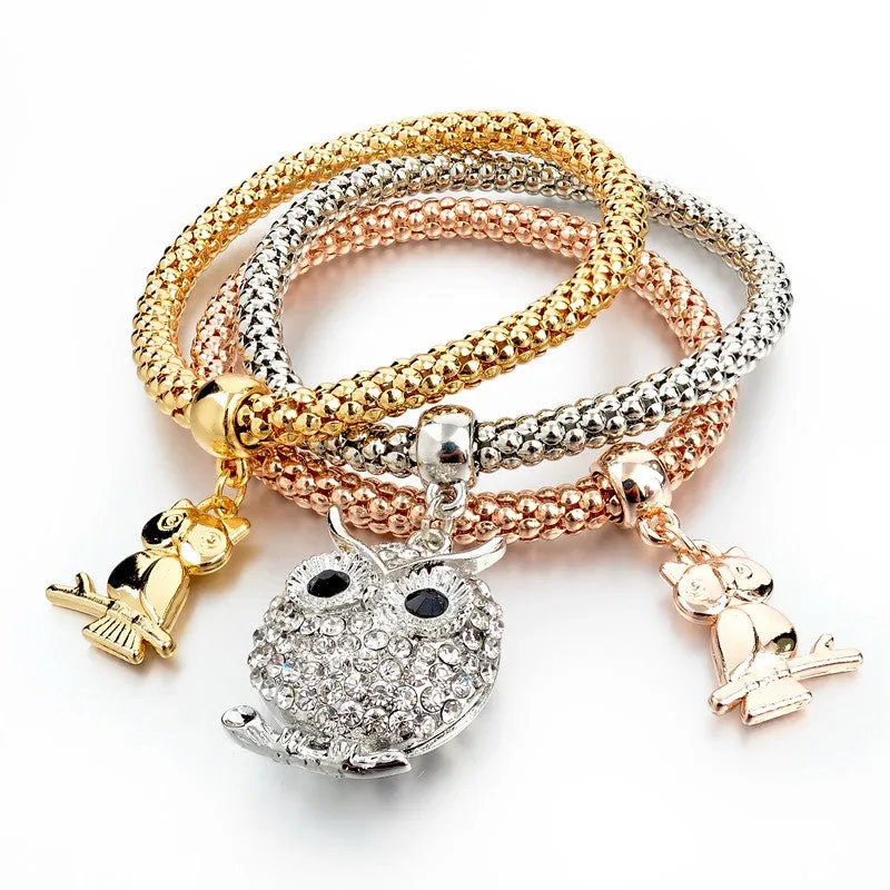 Vintage Pendant Crystal Bracelet Fashion Women Bracelets Bangles 3 Pcs Multilayer Charm Gold Bracelet Silver Chain