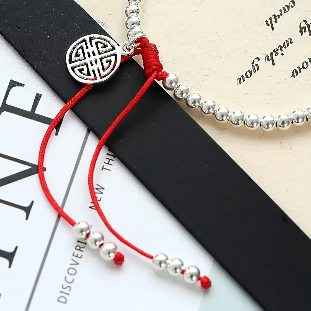 Women New Sterling Silver Beads Bracelet Handmade Lucky Red or Black Rope Bracelets Bangles