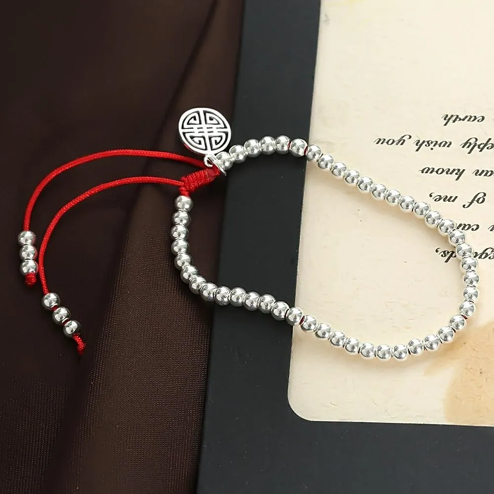 Women New Sterling Silver Beads Bracelet Handmade Lucky Red or Black Rope Bracelets Bangles