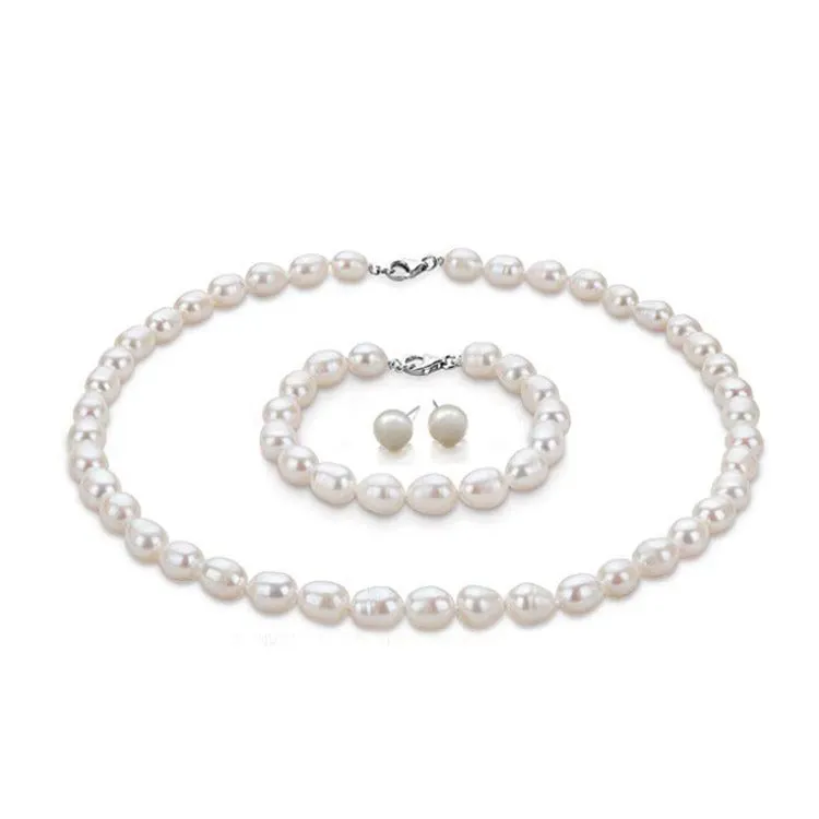 Women's White Pearl Set, 8mm Rice Shape Freshwater Pearl Necklace Bracelet & Earrings