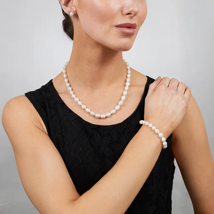 Women's White Pearl Set, 8mm Rice Shape Freshwater Pearl Necklace Bracelet & Earrings