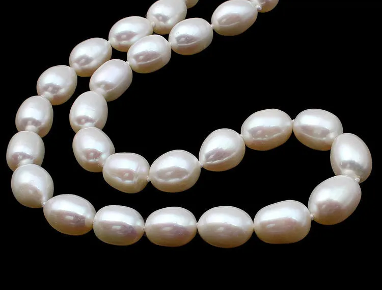 Women's White Pearl Set, 8mm Rice Shape Freshwater Pearl Necklace Bracelet & Earrings